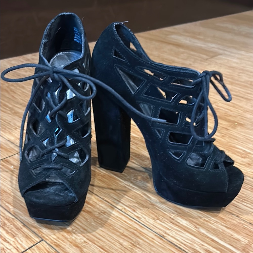 MIA Black Suede Whimsigoth Platform Lace Up Heels Classic Design